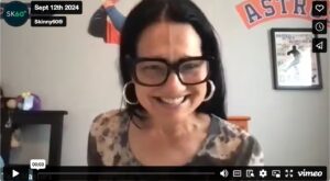 Screenshot of a Skinny60 webinar in progress, showing Tess speaking on a video call