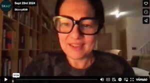 Screenshot of a Skinny60 webinar in progress, showing Tess speaking on a video call