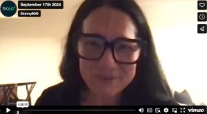 Screenshot of a Skinny60 webinar in progress, showing Tess speaking on a video call