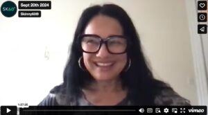 Screenshot of a Skinny60 webinar in progress, showing Tess speaking on a video call