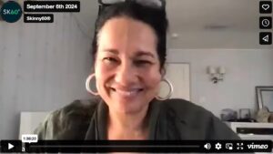 Screenshot of a Skinny60 webinar in progress, showing Tess speaking on a video call