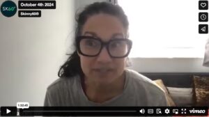 Screenshot of a Skinny60 webinar in progress, showing Tess speaking on a video call