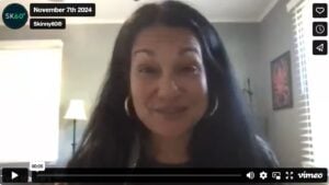 Screenshot of a Skinny60 webinar in progress, showing Tess speaking on a video call