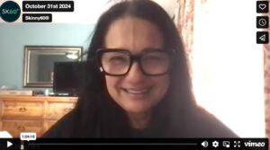 Screenshot of a Skinny60 webinar in progress, showing Tess speaking on a video call