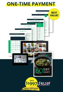 Skinny60 60-Day Reset program with meal plans, recipes, and nutrition guides for $1997 save $400 one time payment