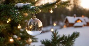 A Christmas tree with a glass ornament hanging from it. The ornament is a clear ball with a snow scene inside.
