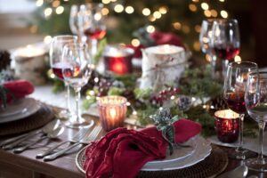 Christmas holiday dining table elegant place setting.