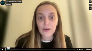 Screenshot of a webinar in progress, showing a female presenter on a video call
