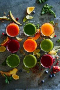 Overhead of colourful juices