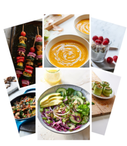 Display of yummy recipes including soup, salad, and raspberry yogurt parfait