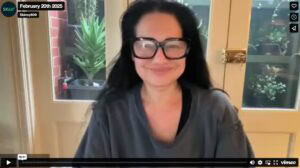 Screenshot of a webinar in progress, showing Tess smiling on a video call