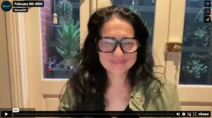 Screenshot of a webinar in progress, showing Tess speaking on a video call
