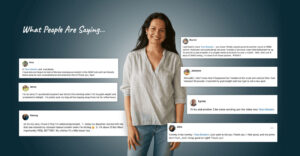 Smiling Tess standing with screenshots of Happy Facebook testimonials