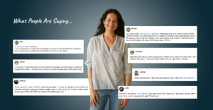 Smiling Tess standing with screenshots of Happy Facebook testimonials