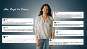 Smiling Tess standing with screenshots of Happy Facebook testimonials