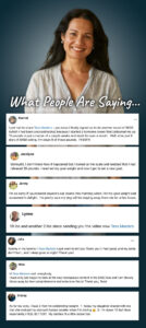 Smiling Tess and screenshots of happy Facebook testimonials