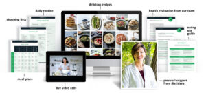 Montage of products that display shopping lists, daily routine, meal plans, delicious recipes, live video calls, health evaulation with our team, eating out guide, and personal support from dietitians