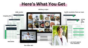 Here's What You Get: shopping lists, daily routine, meal plans, delicious recipes, live video calls, health evaulation with our team, eating out guide, and personal support from dietitians