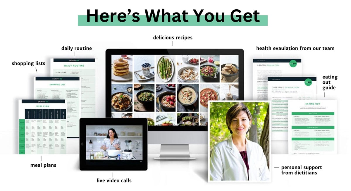 Here's What You Get Here's What You Get: shopping lists, daily routine, meal plans, delicious recipes, live video calls, health evaulation with our team, eating out guide, and personal support from dietitians